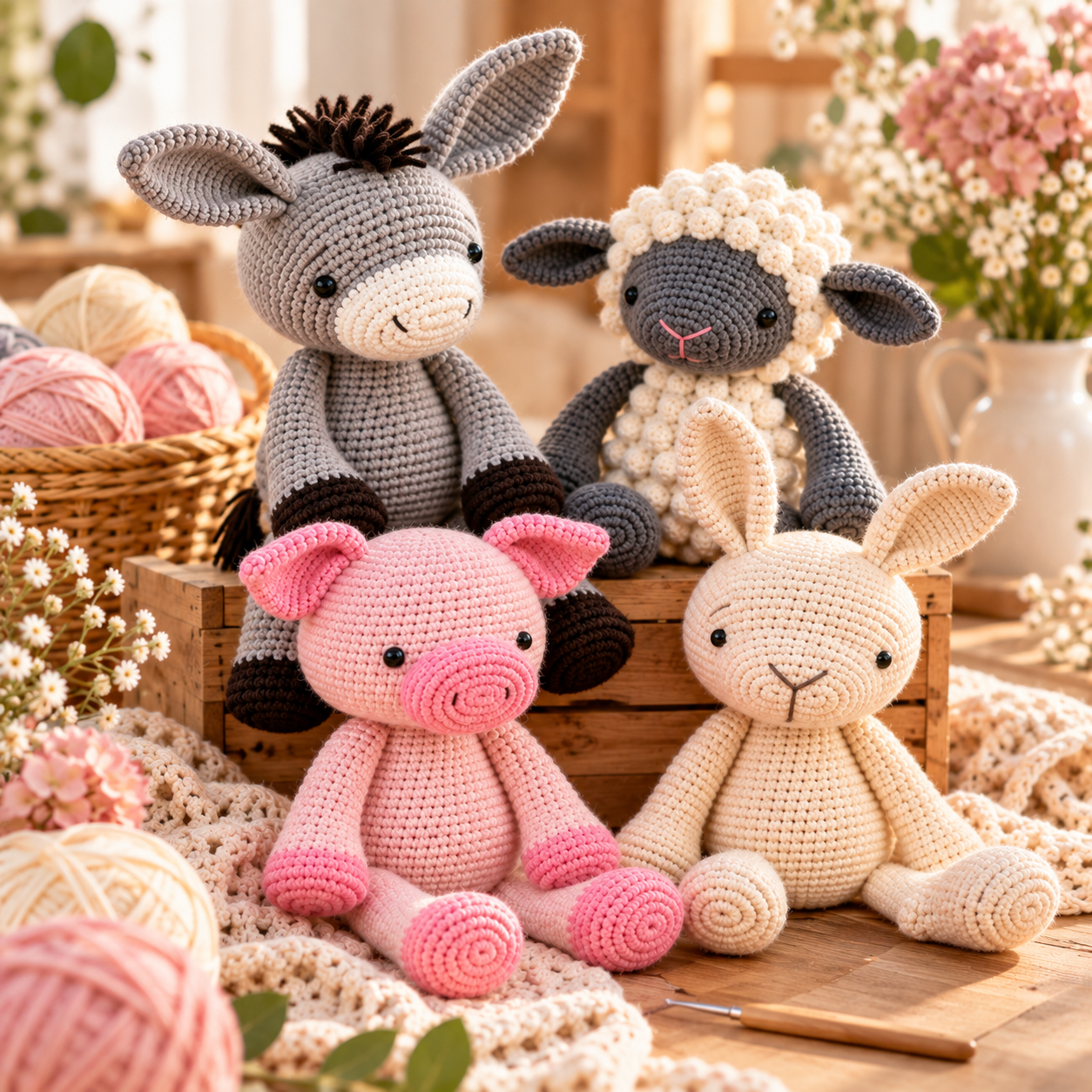 Four handmade crochet amigurumi farm animals: a gray donkey, cream sheep, pink pig, and cream bunny.